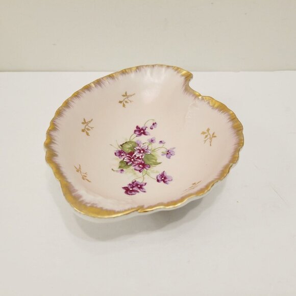 Vtg Hand Painted Lefton Leaf Shaped Gold Rim Purple Floral Candy Trinket Dish - Picture 5 of 7